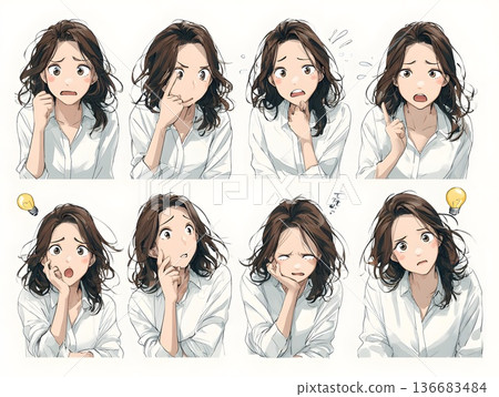 Set of facial expressions of a worried young woman, manga-style illustration, white background 136683484