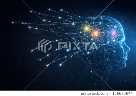 AI generated futuristic human head profile glowing neural network data streams colorful brain nodes symbolizing artificial intelligence big data connectivity machine learning and digital innovation 136683644