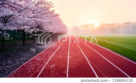 夕陽西下，櫻花盛開，映照著空曠的小徑。 136684120