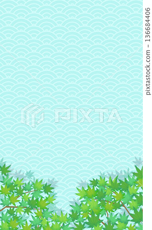 Cool background of green maple leaves and Japanese patterns 2_Vertical 136684406