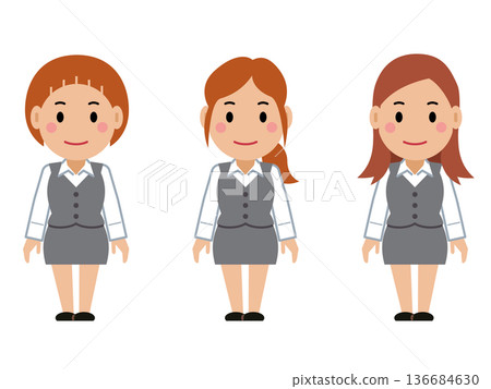 A young woman in a gray office uniform with her hands down and a straight face. Part 2 136684630