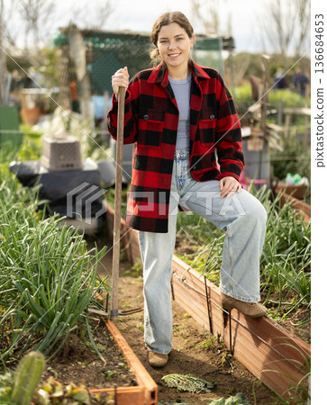 Portrait of female farmer in garden beds Portrait of female farmer in garden beds 136684653