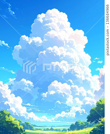 夏季天空背景插圖 4，積雨雲高聳於藍天之上 / 可用於傳單和海報設計 136684966