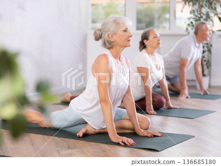 Elderly women together with a young coach doing stretching and doing yoga on mats in gym Elderly women together with a young coach doing stretching and doing yoga on mats in gym 136685180