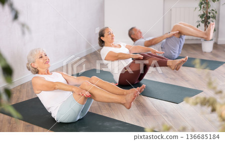 Group of elderly people doing pilates on mat in studio Group of elderly people doing pilates on mat in studio 136685184