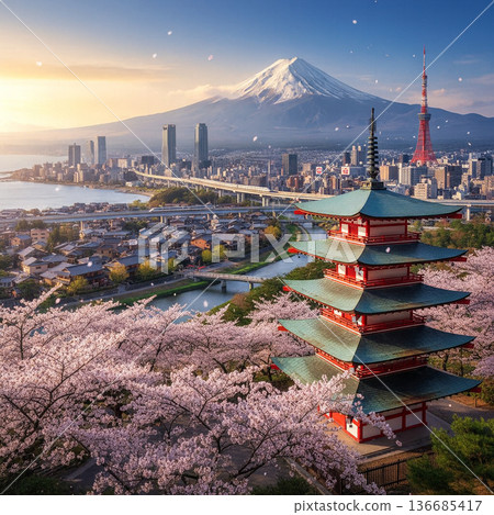 櫻花,以及夕陽染紅的櫻花 櫻花,以及夕陽染紅的櫻花 136685417