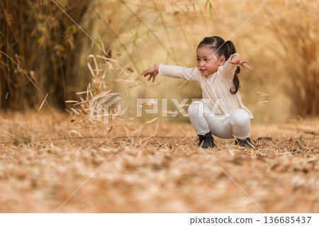 child girl having fun throwing dry leaves in the air during autumn in golden bamboo forest child girl having fun throwing dry leaves in the air during autumn in golden bamboo forest 136685437