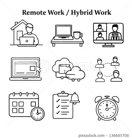 Remote work hybrid work home office laptop video call online meeting cloud storage teamwork schedule checklist alarm clock productivity digital communication time management planning organization Remote work hybrid work home office laptop video call online meeting cloud storage teamwork schedule checklist alarm clock productivity digital communication time management planning organization 136685708