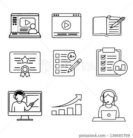 Online learning icon set including laptop video notebook certificate checklist teacher graph and customer support representing digital education and e learning concepts 136685709