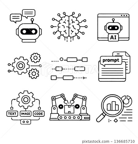 Artificial intelligence robot brain automation prompt gear code data and analysis icons illustrate technology machine learning and innovation concepts in modern line art style 136685710