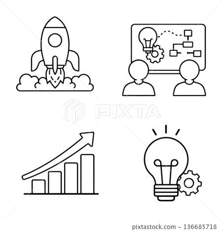 Startup innovation business growth teamwork and creative idea are represented by rocket launch light bulb chart and planning icons conveying motivation and success 136685718