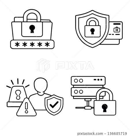 Password security data protection identity verification and server safety icons with lock shield alert and user symbols representing cybersecurity and privacy concepts 136685719