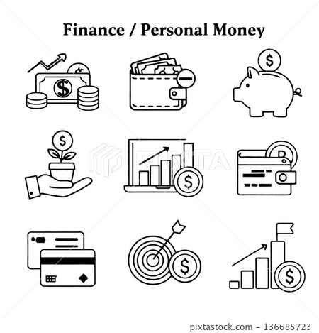 Finance personal money icon set including wallet piggy bank investment credit card growth chart and savings representing financial management and planning concepts Finance personal money icon set including wallet piggy bank investment credit card growth chart and savings representing financial management and planning concepts 136685723