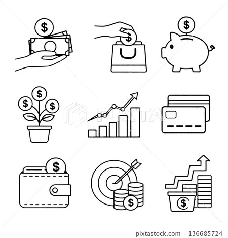 Money shopping piggy bank investment growth credit card wallet target finance concept icon set in black outline style representing financial planning saving and economic success Money shopping piggy bank investment growth credit card wallet target finance concept icon set in black outline style representing financial planning saving and economic success 136685724