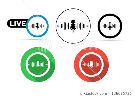 Live Microphone Icon Set With Soundwave Buttons for Podcast, Broadcast and Audio Recording Live Microphone Icon Set With Soundwave Buttons for Podcast, Broadcast and Audio Recording 136685725