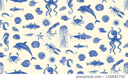 Underwater Marine Life Grunge Hand Drawn Seamless Pattern Ocean Mediterranean Background 136685793