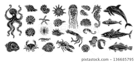 Hand Drawn Nautical Illustration Set Underwater Marine Life Featuring Ocean Stamp Press Stencil Hand Drawn Nautical Illustration Set Underwater Marine Life Featuring Ocean Stamp Press Stencil 136685795