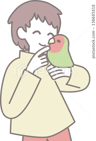 A person leaning their face against a lovebird - Bird lover illustration - no background A person leaning their face against a lovebird - Bird lover illustration - no background 136685818