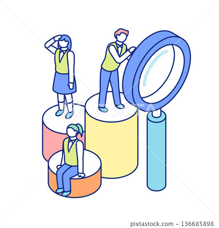 三位身穿制服的學生的等距視圖。有的學生在看放大鏡，有的學生望著遠方，有的學生坐著。 136685898