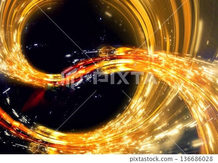 Shining gold rays and energy lines on black background Shining gold rays and energy lines on black background 136686028