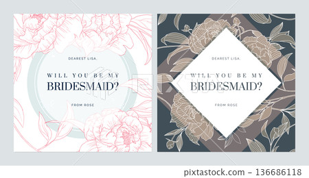 Floral bridesmaid invitation card template design, peony flower illustration, bright and dark theme 136686118