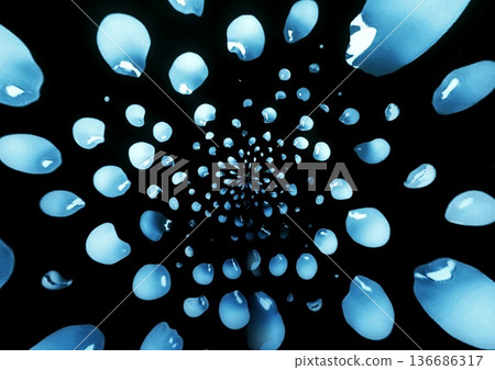 Blue water droplets splashed on a black background 136686317