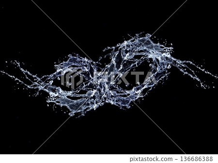 抽象藍色水濺在黑色背景上的 3d 插圖 136686388