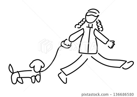 一幅可愛的線條畫，畫的是一位女士在遛狗。 136686580