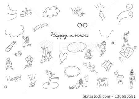 線條畫女性與裝飾插畫套裝 | 簡約時尚的手繪插畫 線條畫女性與裝飾插畫套裝 | 簡約時尚的手繪插畫 136686581