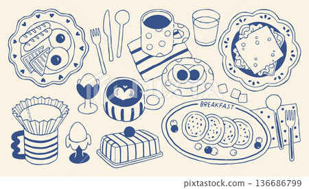 Hand drawn vector breakfast illustration set with coffee, eggs, toast, butter, pancakes and tableware. Minimal blue line art food collection for menus, cafes, packaging and branding 136686799