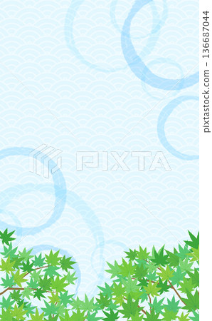 日式圖案背景 2，綠色楓葉與水面（垂直版） 136687044