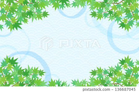 日式圖案背景,綠色楓葉和水面 3_水平 日式圖案背景,綠色楓葉和水面 3_水平 136687045