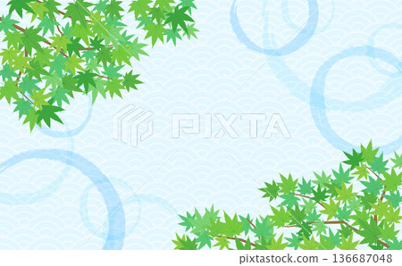 日式圖案背景,綠色楓葉和水面 4_水平 日式圖案背景,綠色楓葉和水面 4_水平 136687048