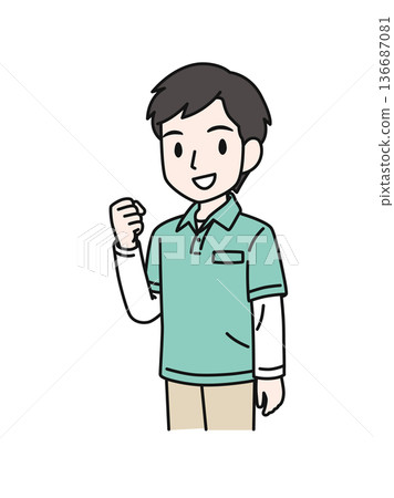 插畫素材:一位身穿polo衫的男性護理員揮拳鼓勵。 插畫素材:一位身穿polo衫的男性護理員揮拳鼓勵。 136687081