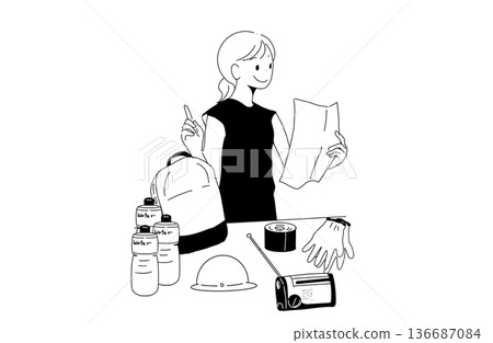 Illustration of a woman packing disaster preparedness supplies into a backpack. Stockpiling and preparation. Hand-drawn vector material. Illustration of a woman packing disaster preparedness supplies into a backpack. Stockpiling and preparation. Hand-drawn vector material. 136687084