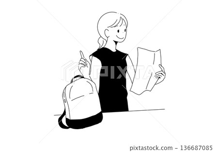 Illustration of a woman packing for a trip and checking a checklist. Travel preparation. Hand-drawn vector material. 136687085