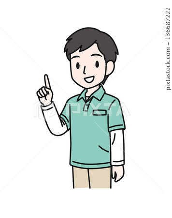 Illustration material of a man in a polo shirt who works as a caregiver, explaining the key points 136687222