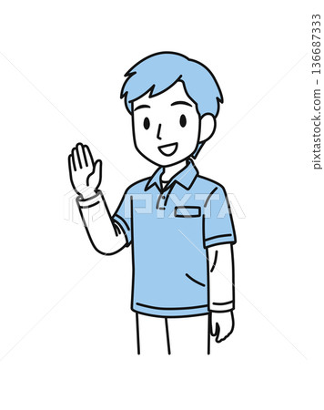 Illustration material of a male caregiver wearing a polo shirt raising one hand to greet Illustration material of a male caregiver wearing a polo shirt raising one hand to greet 136687333