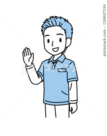 圖解素材：一位身穿polo衫的男性護理員舉起一隻手打招呼 136687334