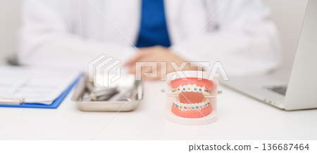 Dentist with Orthodontic tooth model and bracket or brace. Clean and Scrape off tartar. May Orthodontic Health Day, March Oral health, Dentist Day, False Teeth. Toothache and Children Dental Health Dentist with Orthodontic tooth model and bracket or brace. Clean and Scrape off tartar. May Orthodontic Health Day, March Oral health, Dentist Day, False Teeth. Toothache and Children Dental Health 136687464