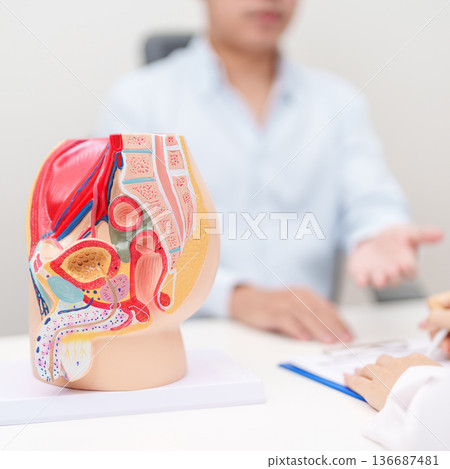 Doctor with Male Reproductive System anatomy model. Male consultation, Prostate Cancer, Enlarged prostate, Prostatitis disease, Male Infertility, Erectile dysfunction, Penis and Male genital disorder 136687481