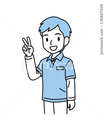 Illustration material of a male caregiver wearing a polo shirt making a peace sign Illustration material of a male caregiver wearing a polo shirt making a peace sign 136687509