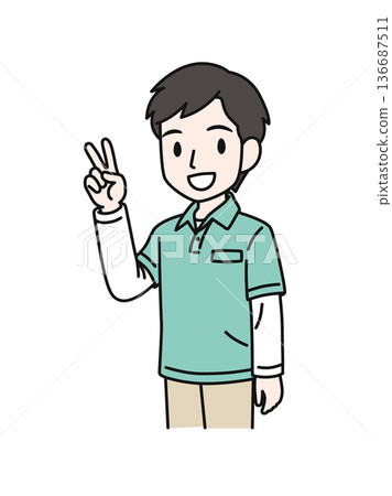 Illustration material of a male caregiver wearing a polo shirt making a peace sign 136687511