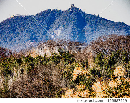View of Mt. Kinka and Gifu Castle from Inuyama Park on the Kiso River 136687519