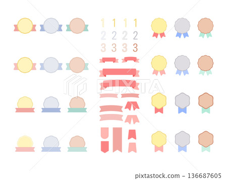 Pastel color ranking medal & ribbon material set (gold, silver, bronze) 136687605