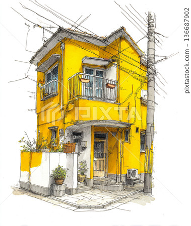 An expressive urban sketch of a narrow, bright yellow corner building with messy power lines, detailed ink linework, and a charming, weathered aesthetic. 136687902