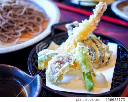 Freshly fried tempura and cold soba noodles Freshly fried tempura and cold soba noodles 136688175
