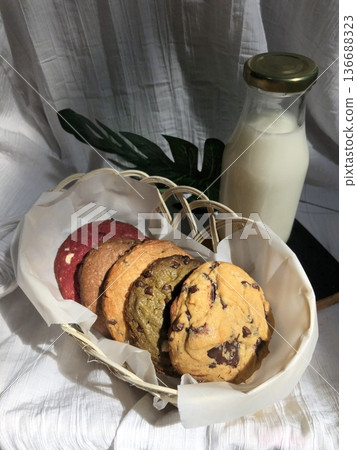 Freshly baked cookies with a golden-brown finish and chocolate chips. Perfectly crisp on the edges with a soft center, offering a delicious, comforting treat for any occasion. 136688323
