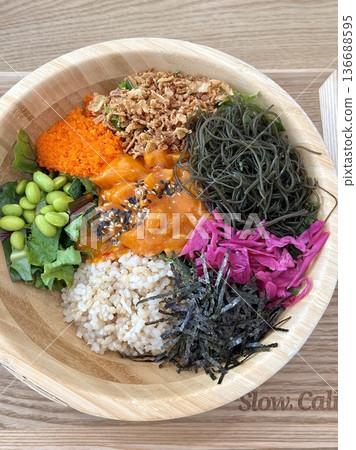 A vibrant poke bowl filled with fresh diced fish, vegetables, and flavorful toppings. Perfect for food photography, this dish embodies the essence of healthy, colorful eating and Hawaiian-inspired. 136688595