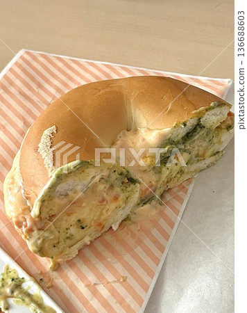 A fresh bagel sandwich filled with layers of smoked salmon, cream cheese, lettuce, and tomato. The golden-brown bagel adds a delightful texture to this classic combination. A fresh bagel sandwich filled with layers of smoked salmon, cream cheese, lettuce, and tomato. The golden-brown bagel adds a delightful texture to this classic combination. 136688603